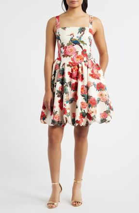 Julia Jordan Floral Basque Waist Fit & Flare Minidress in Ivory Multi at Nordstrom, Size 14