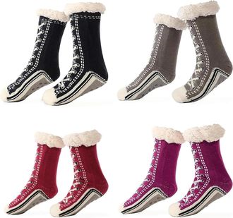 Generic Unisex Thick Cashmere Slipper Home Socks Fluffy Plush Comfy Sleeping Footwear Non-slip Grippy Boots Thermal Plush Booties (4pcs-p,One Size)