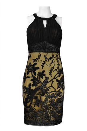 Sue Wong Keyhole Appliqu&eacute; Mesh Sheath Dress In Black Gold