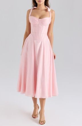 House of CB Leia Tie Strap Corset Midi Dress in Pink at Nordstrom, Size X-Large