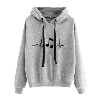 Generic Ladies Round Neck Long Sleeve Musical Note Print Solid Color Hooded Sweatshirt Fashion Loose Top Hoodie Casual (Grey, S)