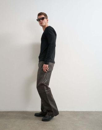 Topman pantaloni straight fit in vera pelle marrone espresso