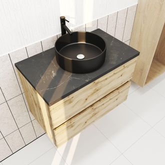 Aurlane Mueble De Ba&ntilde;o 80cm Roble Natural 2 Cajones Y Encimera Efecto M&aacute;rmol Negro + Lavabo Redondo Negro