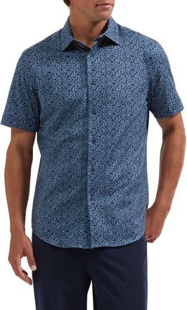 Bugatchi Miles OoohCotton Leaf Print Short Sleeve Button-Up Shirt in Navy at Nordstrom, Size X-Large