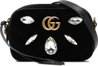 Gucci Pre-owned Womens Mini Gg Marmont Crystal Embellished Matelasse Velvet Crossbody - Black Textile - One Size