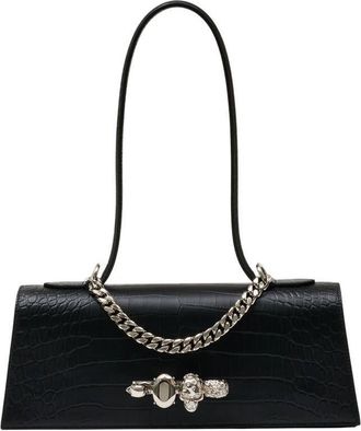 Alexander McQueen Jewelled Croc-Embossed Calfskin Shoulder Bag Black