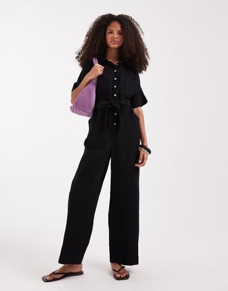 Only Only - Tuta jumpsuit a maniche corte nera allacciata in vita-Nero