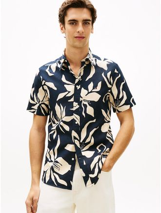 Tommy Hilfiger Mens Tropical Print Cotton-Linen Blend Shirt - Navy - XXL