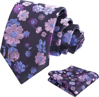 Alizeal Mens Floral Tie with Pocket Square Fashion Elegant Wedding Business Necktie Set, Dark Purple+Blue