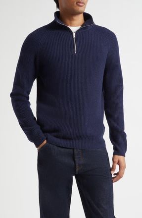 John Smedley Cashmere & Extrafine Merino Wool Rib Half Zip Sweater in Midnight at Nordstrom, Size Xx-Large