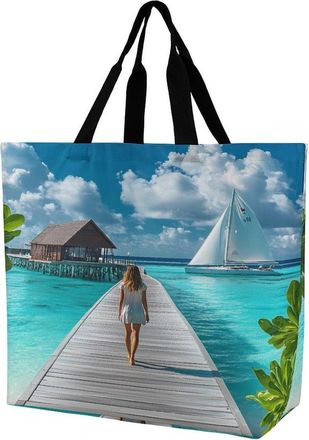 Generic Maldives Beach Large Reusable Shopping Bag Lightweight Foldable Tote Bags Washable Shoulder Handbag