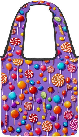 Generic Purple Candy Pattern Reversible Canvas Shoulder Tote - Double-Sided Print, 12oz Cotton, 27cm Drop, Fold-Flat Bag for Travel, Shopping, Street Outings