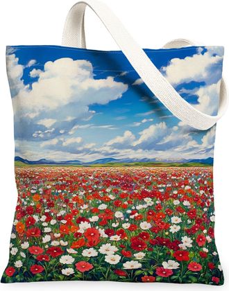Generic Spring Geranium Flower Canvas Tote Bag for Shopping 13x15, Florals Landscape Reusable Grocery Print Pattern Bag for Women, Nature Scenic Beach Aesthet