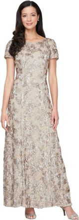 Alex Evenings Womens Long Rosette Lace Cap Sleeve Gown Special Occasion Dress, Champagne, 20