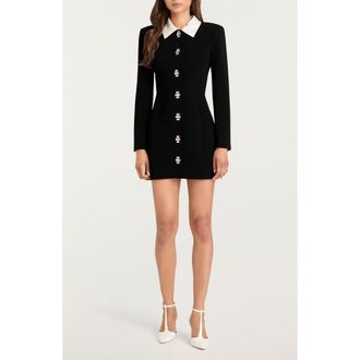 Cinq &agrave; Sept Sheryl Crystal Button Long Sleeve Coat Minidress in Black/Ivory at Nordstrom, Size 12
