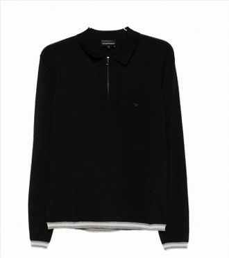 Emporio Armani Half-Zip Black Wool Polo Sweater