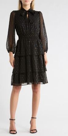 Sandra Darren Tie Neck Long Sleeve Smocked Midi Dress in Black/Gold at Nordstrom Rack, Size X-Large