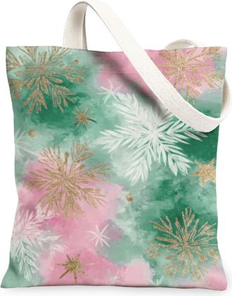 Generic Winter Floral Canvas Tote Bags, Snowflake Design Reusable Grocery Bags, Vintage Lightweight Washable Shoulder Strap Canvas, Peach, 13x15 Inch