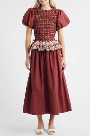Damson Madder Audrey Smocked Puff Sleeve Organic Cotton Midi Dress in Red at Nordstrom Rack, Size 10 Us / 14 Uk