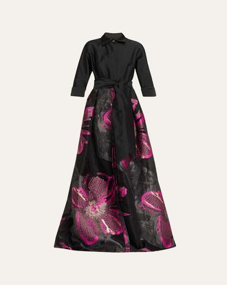 Teri Jon Metallic Floral Jacquard Shirt Gown