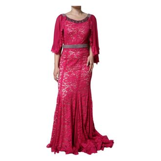 Dolce & Gabbana Lace Crystal Sheath Long Gown Dress - female - Dolce & Gabbana - Gowns - Pink - M - Dresses