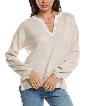 Fort&eacute; Cashmere Gathered Sleeve Split Neck Cashmere-Blend Sweater