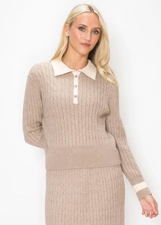 YAL New York Knit Polo Sweater with Contrast Cream Collar