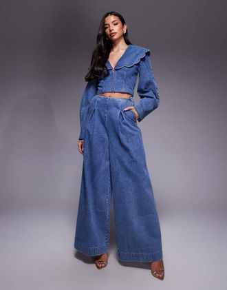 Asos Jeans a fondo ampio blu medio con dettaglio stile corsetto in coordinato