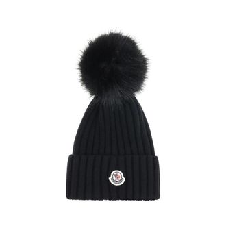 Moncler Accessoires, Dames, Zwart, ONE Size, Wol, Wol Pom Pom Beanie Hoed