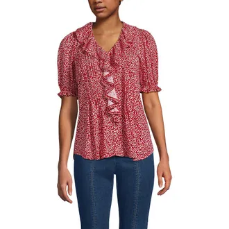 Lands End Puff Sleeve Slub Ruffle Pintuck Top in Red Ditsy Floral at Nordstrom, Size X-Small