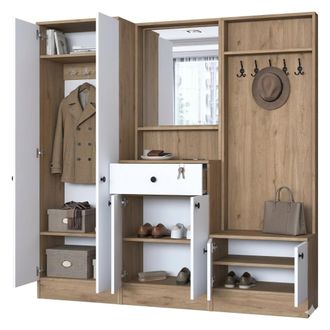 Dmora Mueble De Entrada Riace, Espejo Incluido, Perchero, 8 Estantes, 179x38x183h Cm Blanco