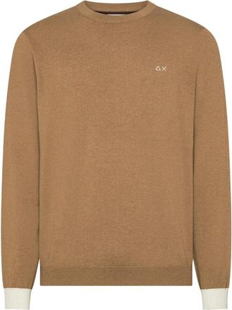 Sun 68 Elbow Contrast L/S - Heren - Ronde hals truien - Beige - 2XL - Katoen - Truien & Vesten