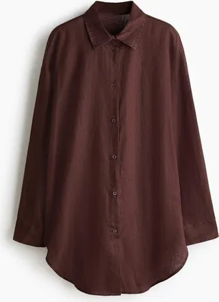 H&M Linen Beach Shirt in Dark Brown at Nordstrom, Size Medium