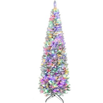 HOMCOM Homcom &Aacute;rbol De Navidad Estrecho 210 Cm, &Aacute;rbol De Navidad Nevado Con Luces Led Bicolores, 11 Modos De Iluminaci&oacute;n, 687 Ramas, F&aacute;cil De Montar, Verde