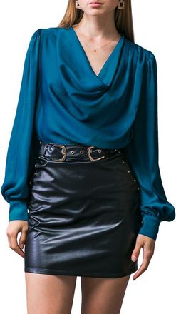 Flying Tomato Cowl Neck Long Sleeve Satin Top in Teal at Nordstrom Rack, Size Medium