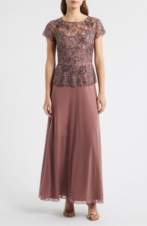 Pisarro Nights Beaded Mesh Mock Two-Piece Gown in Mauve at Nordstrom, Size 16