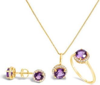House of Brilliance 10K Gold Gemstone and 3/8 Cttw Diamond Halo Jewelry Set in Yellow | Purple Amethyst at Nordstrom
