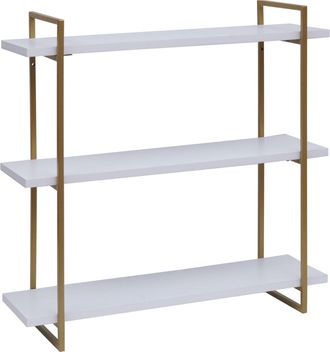 Hhg Hhg - Nunca Usado] Estante De Pared 631, Estante Colgante, Estante Flotante, 3 Estantes Madera Maciza Industrial 60x60x18cm, Blanco, Metal Dorado