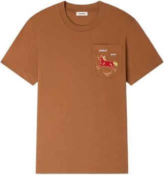 Sandro Embroidered horse cotton T-shirt in Beige at Nordstrom, Size Xx-Large