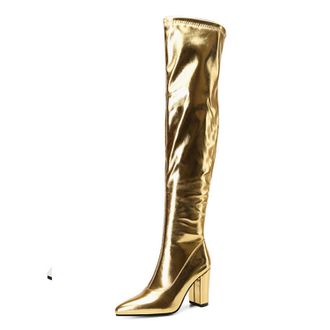 Generic Gold,7.5 UK,Womens Tall Over The Knee Boots Thigh High Fall Block Chunky Heeled Knee High Long Boots with Fashion Pointy Toe and Side Zipper