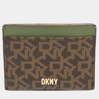 DKNY Dkny Brown/green Monogram Coated Canvas And Leather Logo Card Holder