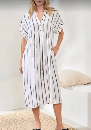 Tribal Flowy Shirt Dress In Black/white Stripes
