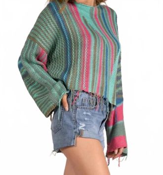 Elan Boho Cropped Sweater In Turquoise Multi