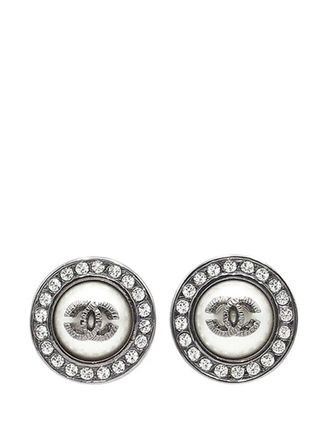 Chanel 2021 Gunmetal Plated CC Faux Pearl and Crystal Round Push Back Earrings costume earrings - Silver