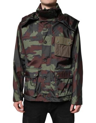 Dolce & Gabbana Mens Multicolor Camouflage Button Hooded Jacket Polyester Cotton Clothing