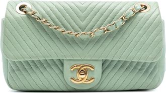 Chanel Pre-owned Womens Small Chevron Wrinkled Calfskin Medallion Charm Surpique Flap - Sage Green Leather - One Size