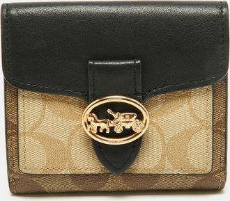 Coach Georgie Beige/black Signature Coated Canvas And Leather Compact Wallet