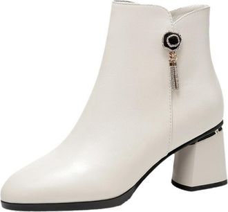 Generic Womens Ankle Boots Smooth PU Leather Round Toe Block Heels Side Zipper Glitter Tassel Detail Solid Color Stylish Durable Design,White,3.5 UK