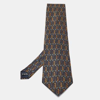 Lanvin Navy Blue Printed Satin Silk Traditional Tie