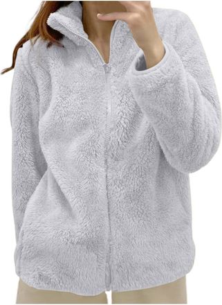 Generic 2025 Womens Fleece Winter Warm with Zipper Short Bedroom Jacket without Hood Jackets Solid Color Plush Coat Comfortable Sherpa Fleece Jacket Soft Autu